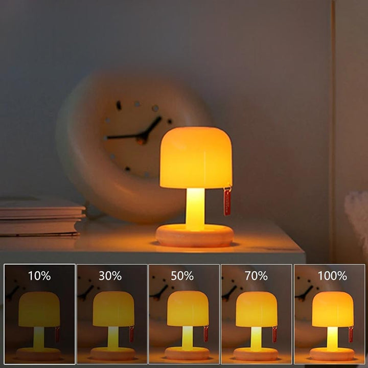 Rechargeable mushroom night lamp in bedroom with dimming levels shown for adjustable brightness control.