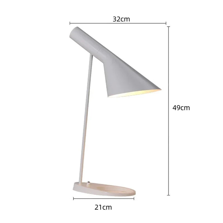 White SPIRE industrial table lamp, 49cm height with 32cm conical shade and 21cm base.