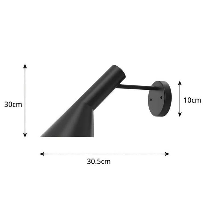 Black wall-mounted light fixture with dimensions indicated on a white background