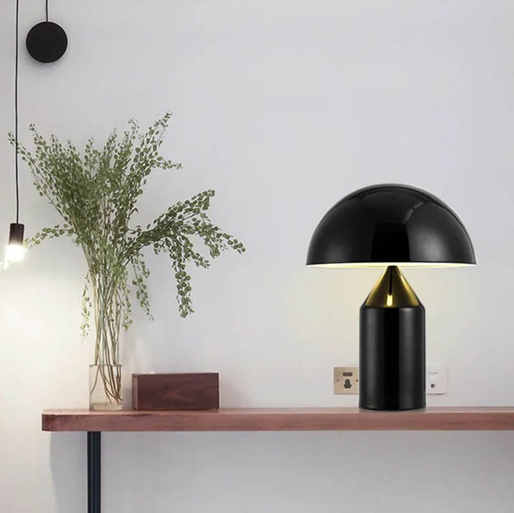 SVAMPS table lamp specs showing aluminium body, E27 base, and tricolour LED light modes.