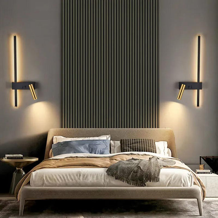 Pair of Nordic LED wall lamps with gold reading spotlights and black strip lights, styled in modern bedroom