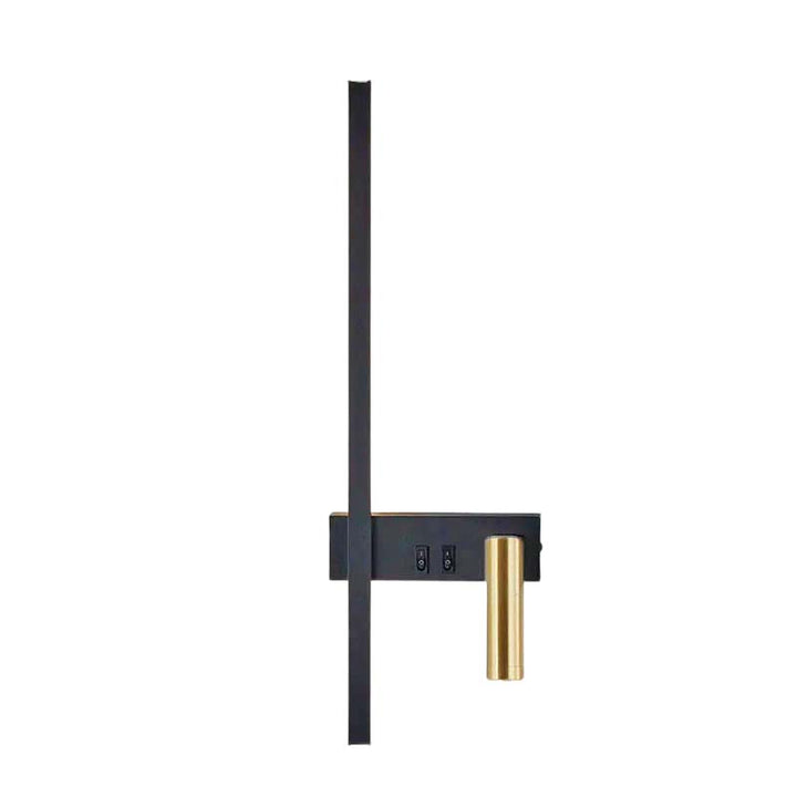 Swivel LED wall reading light with vertical strip and gold cylinder head, matte black body, Nordic style