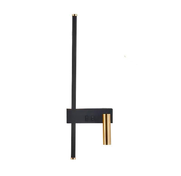 Swivel LED wall reading light with vertical strip and gold cylinder head, matte black body, Nordic style