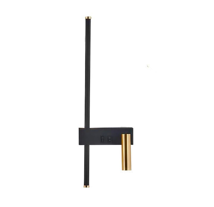 Swivel LED wall reading light with vertical strip and gold cylinder head, matte black body, Nordic style