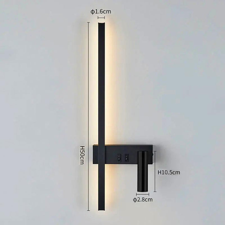 Modern wall lamp in black finish with warm LED strip and black reading light, shown with exact dimensions