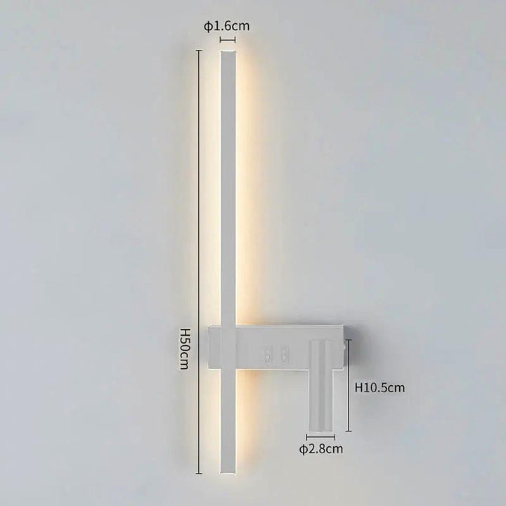 Modern wall lamp in white finish with warm LED strip and white reading light, shown with exact dimensions