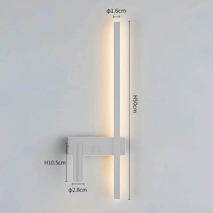 Modern wall lamp in white finish with warm LED strip and white reading light, shown with exact dimensions. ver2