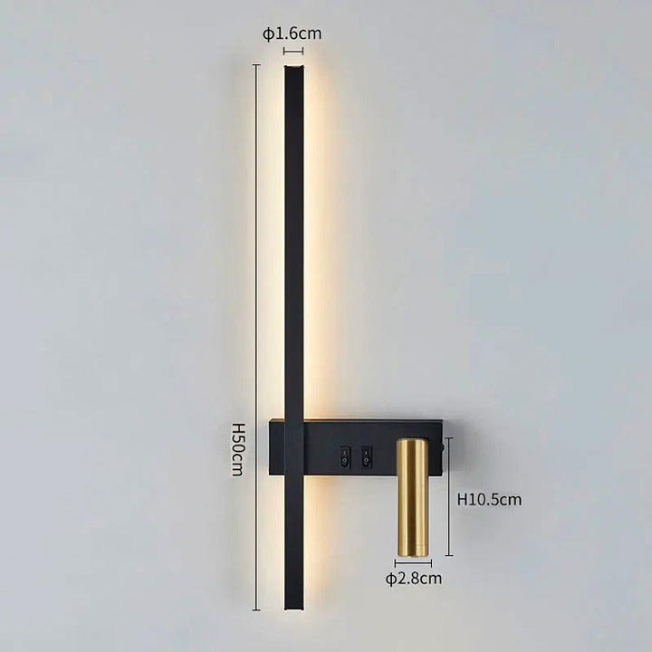 Modern wall lamp in black finish with warm LED strip and gold reading light, shown with exact dimensions. ver2