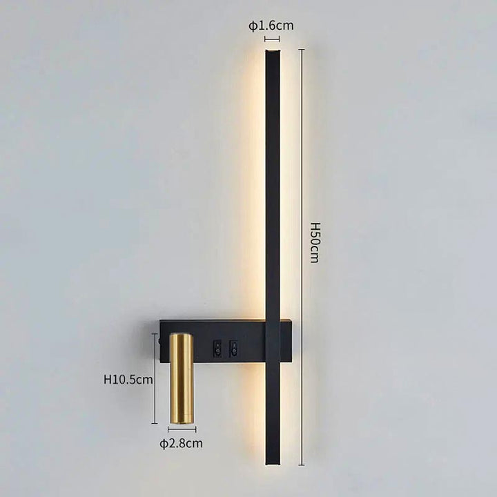 Modern wall lamp in black finish with warm LED strip and gold reading light, shown with exact dimensions

