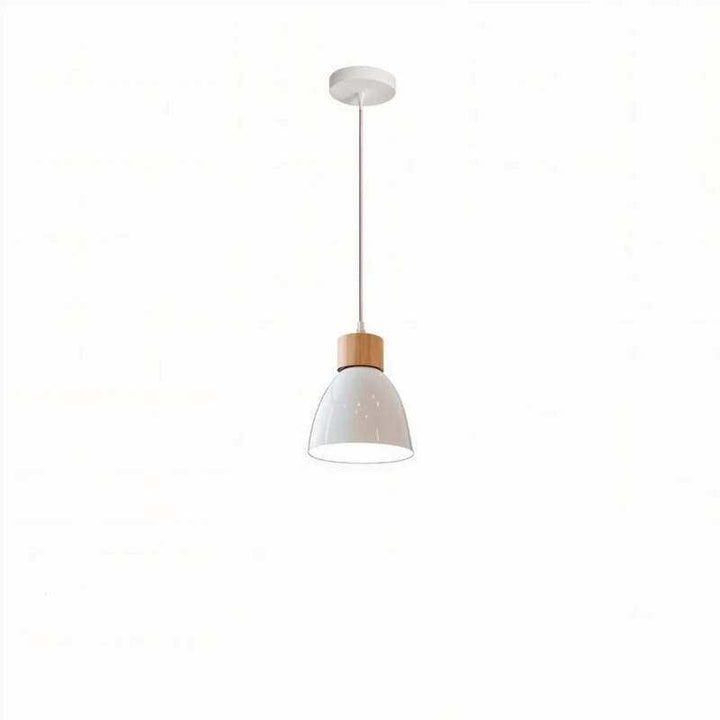Single glossy white pendant light with wood top and white cord
