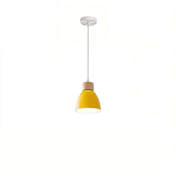 Single yellow pendant light with natural wood top and white cord