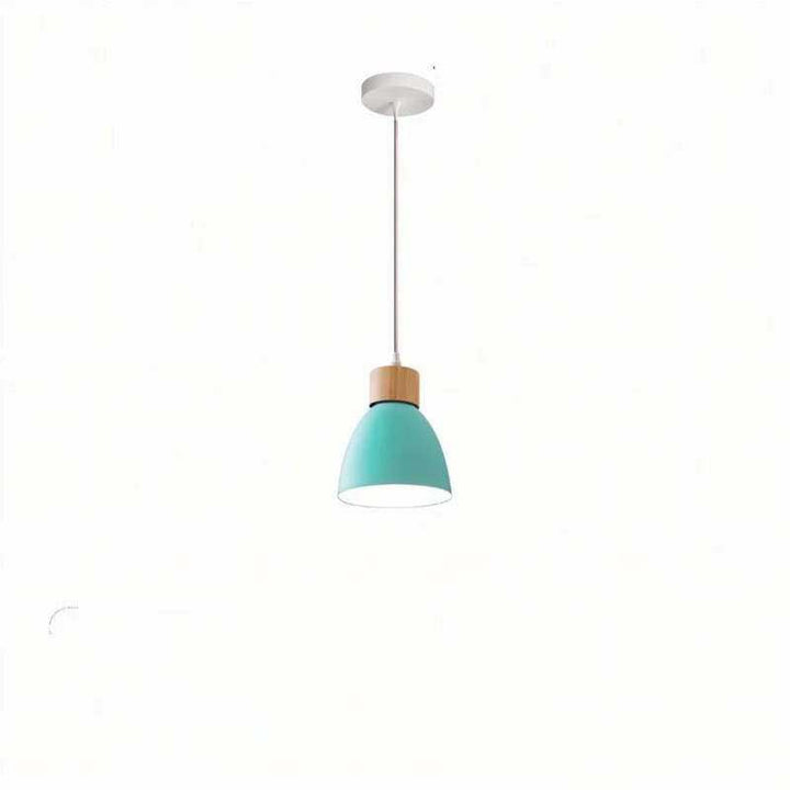 Single teal blue pendant light with wood accent and adjustable cord