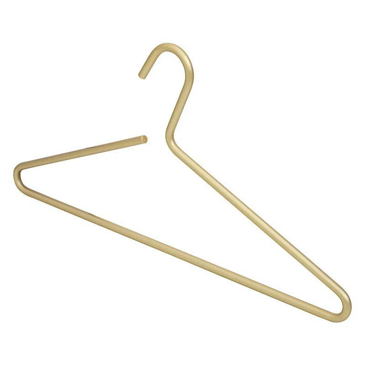 Gold metal clothes hanger on white background, slim hanger for jackets, shirts or dresses.