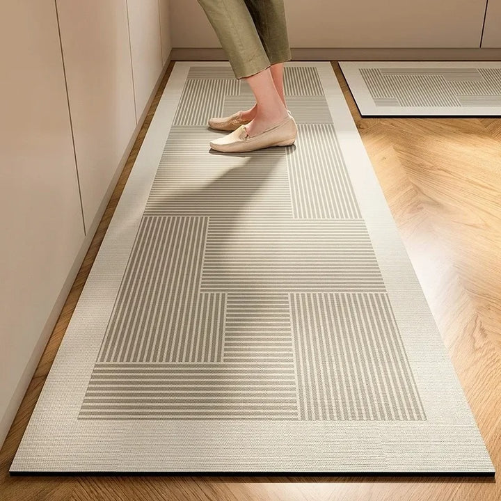 Beige kitchen floor mat with block pattern, anti-slip and washable, for Nordic-style interiors