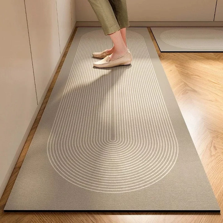 Long taupe kitchen runner with curved line pattern, non-slip diatomite mat for modern UK home use