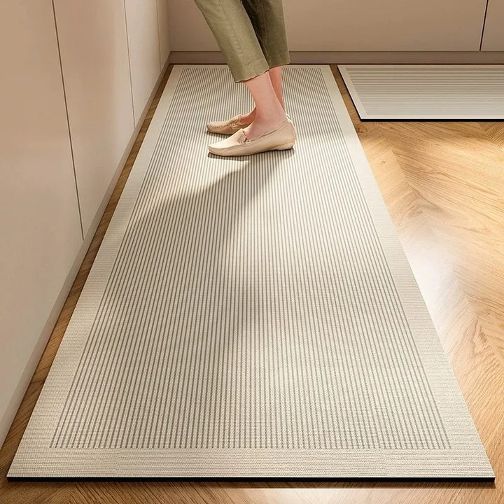  Minimalist beige floor rug with fine vertical stripes, absorbent and anti-slip, ideal for Japandi-style uk kitchens
