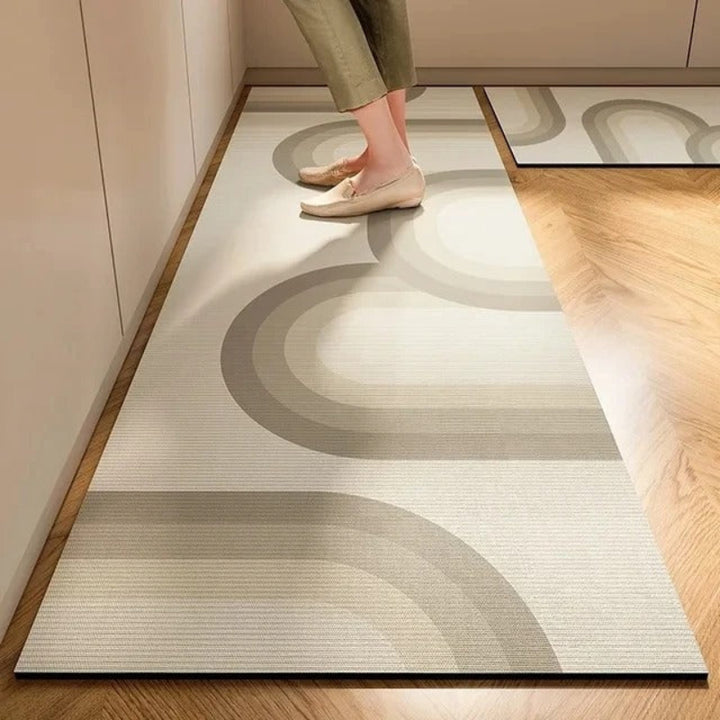 Beige and grey abstract wave-pattern floor rug, soft diatomite runner for modern hallway or uk kitchen use