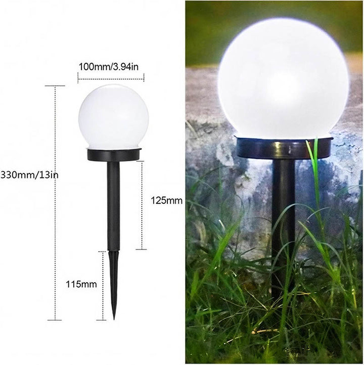 Solar garden stake light with 4inch / 10cm globe, black ABS body, full size shown with measurements, ideal for lawn borders