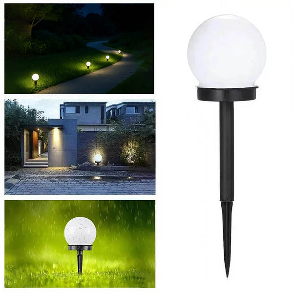 Single 4inch / 10cm solar LED globe garden light with black stake, modern waterproof design for UK outdoor paths and patios