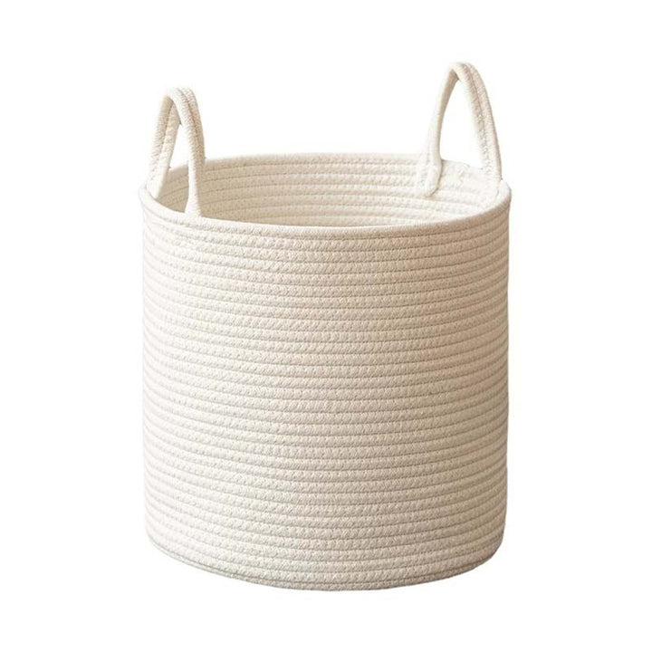 White woven basket with handles on a white background