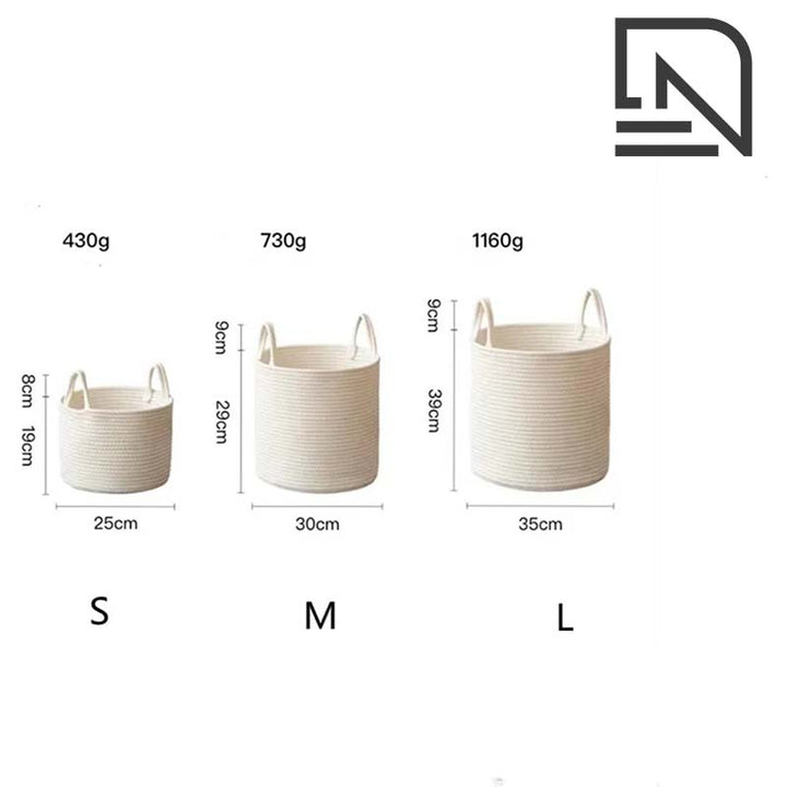 Three white woven baskets with measurements and weight labels on a white background.