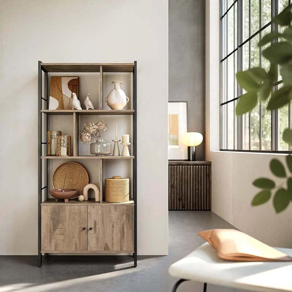 Bookshelf with decorative items in a modern living room