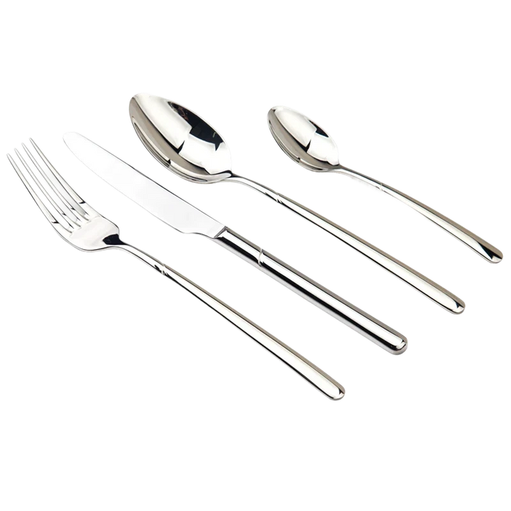 A set of polished stainless steel flatware, including a dinner knife, dinner fork, soup spoon, and teaspoons, displayed on a white background.