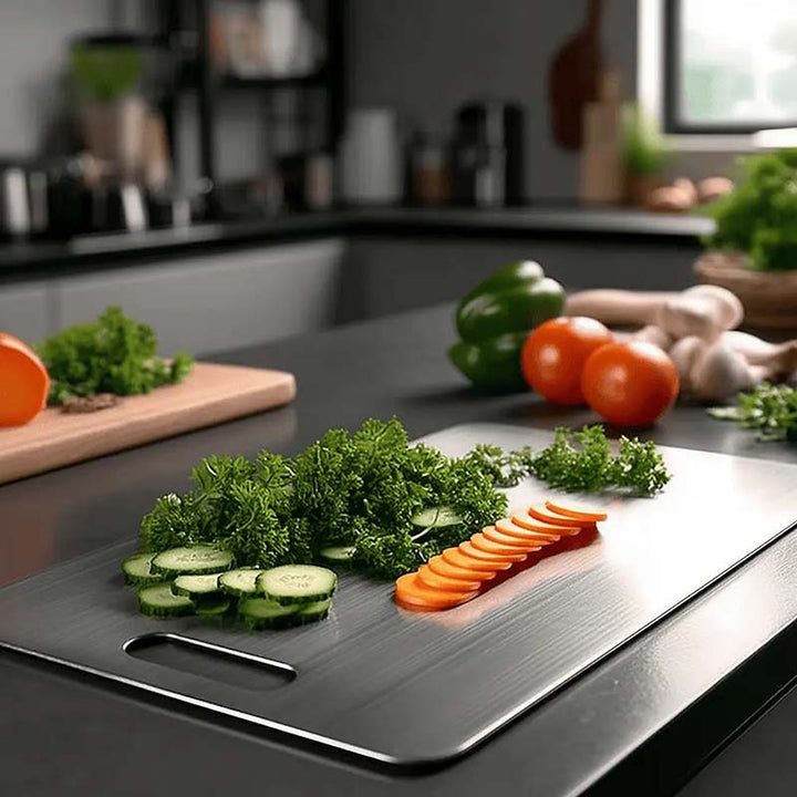Cut vegetables on a Stainless-Steel Cutting Board with a kitchen background