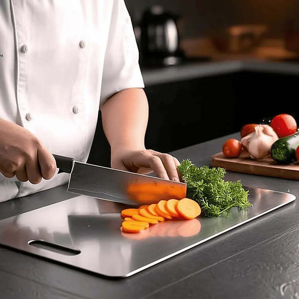 Person slicing carrots on a Stainless-Steel Cutting Board with a kitchen setting in the background