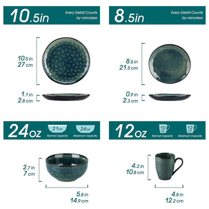 Measurement chart comparing two sets of ceramic bowls and mugs with dimensions and capacities.