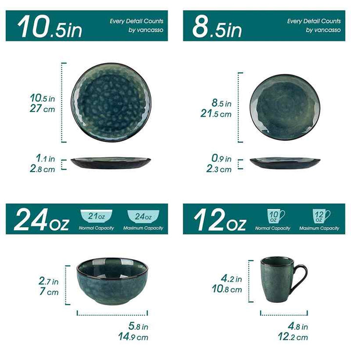 Measurement chart comparing two sets of ceramic bowls and mugs with dimensions and capacities.