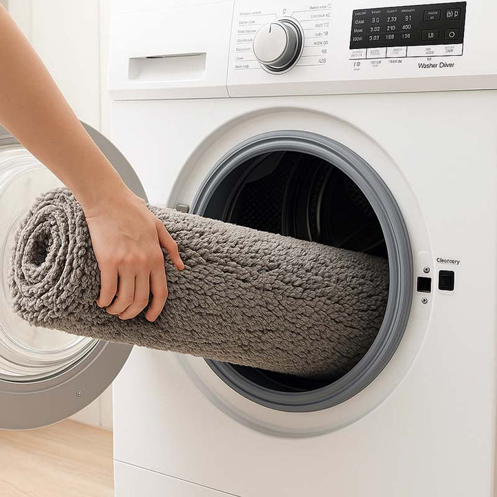 Person placing a gray rug into a white washing machine.