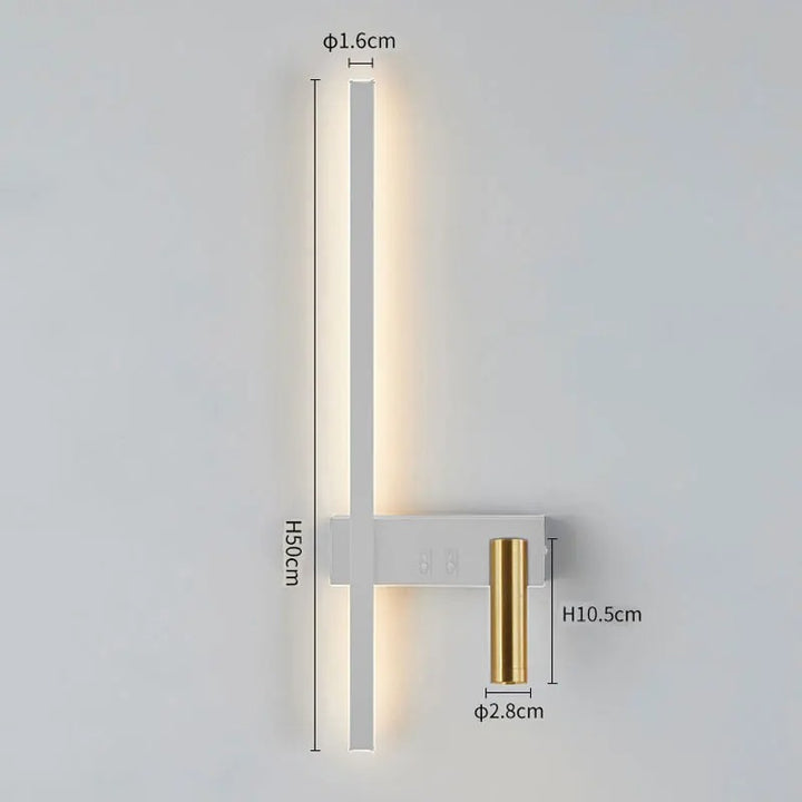 Modern wall lamp in white finish with warm LED strip and gold reading light, shown with exact dimensions