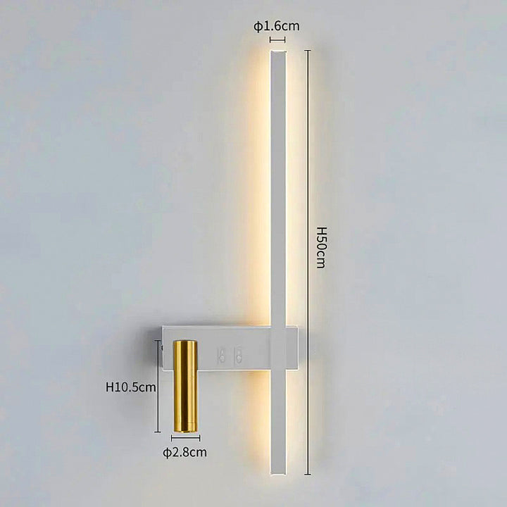 Modern wall lamp in white finish with warm LED strip and gold reading light, shown with exact dimensions. ver2