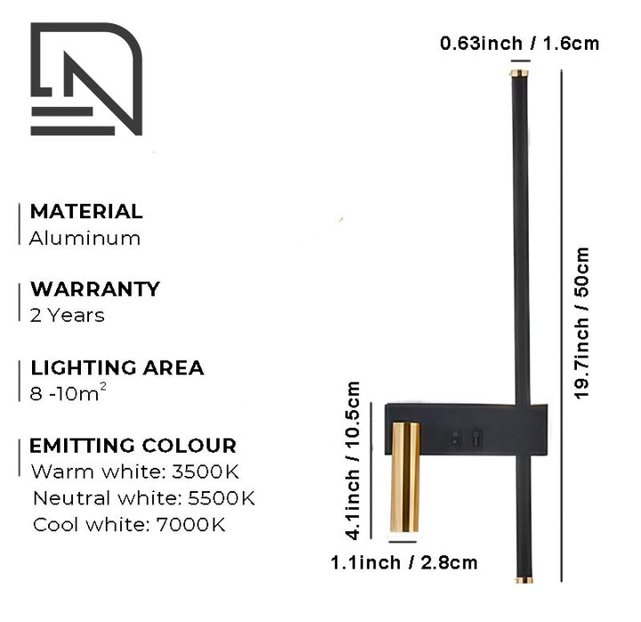 Product details for Nordic LED wall lamp, showing measurements, colour temperature and material data