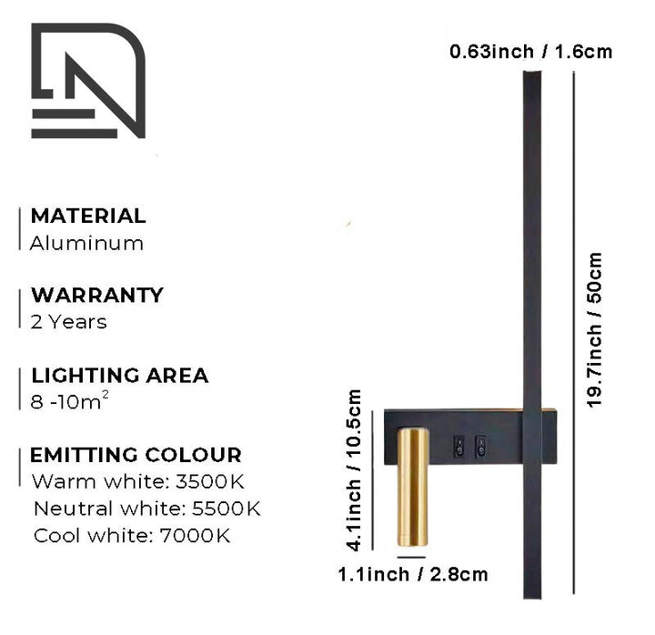 Product details for Nordic LED wall lamp, showing measurements, colour temperature and material data