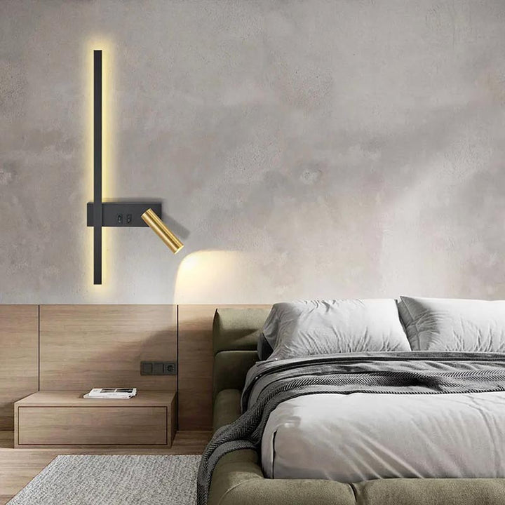 Contemporary Nordic wall light with gold spotlight and black LED panel mounted above a white sofa
