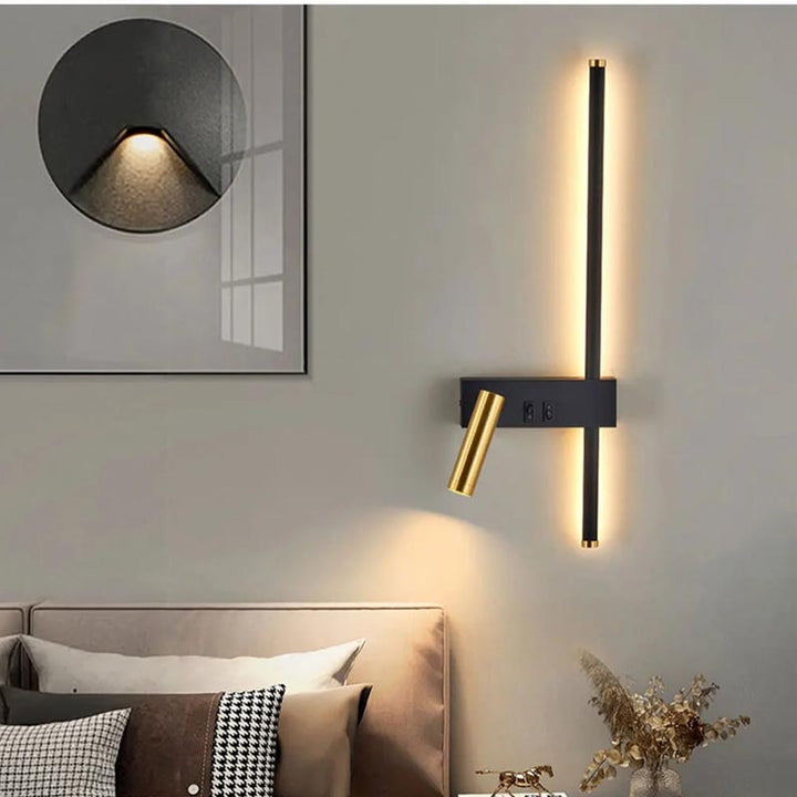Nordic wall reading lamp with black vertical strip, gold LED spotlight on the wall beside the sofa.