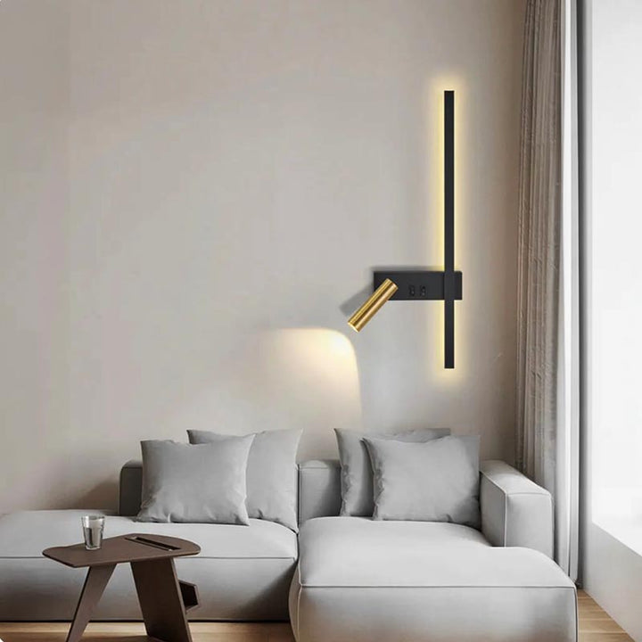 Nordic wall reading lamp with black vertical strip, gold LED spotlight in modern uk living room