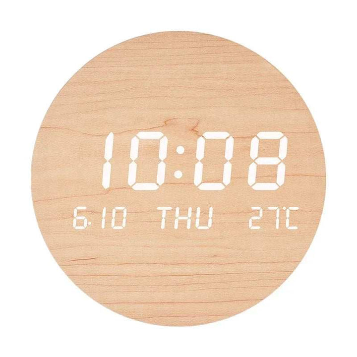 Close-up of TID LED digital wall clock in natural wood finish with clear white display