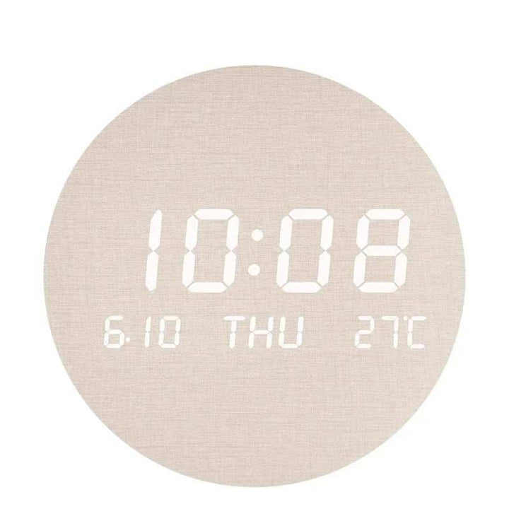 Minimalist beige LED wall clock with digital time, day, and temperature display