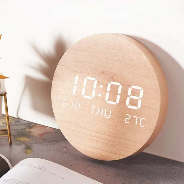 Modern LED wooden wall clock with clear digital display showing time, date, and temperature