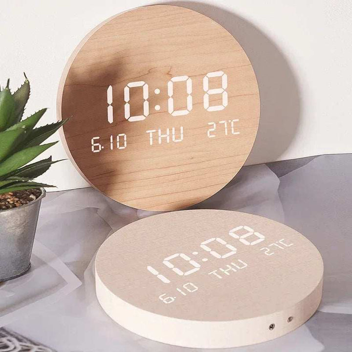 Pair of TID digital LED wooden clocks in natural and beige finish showing time and temperature