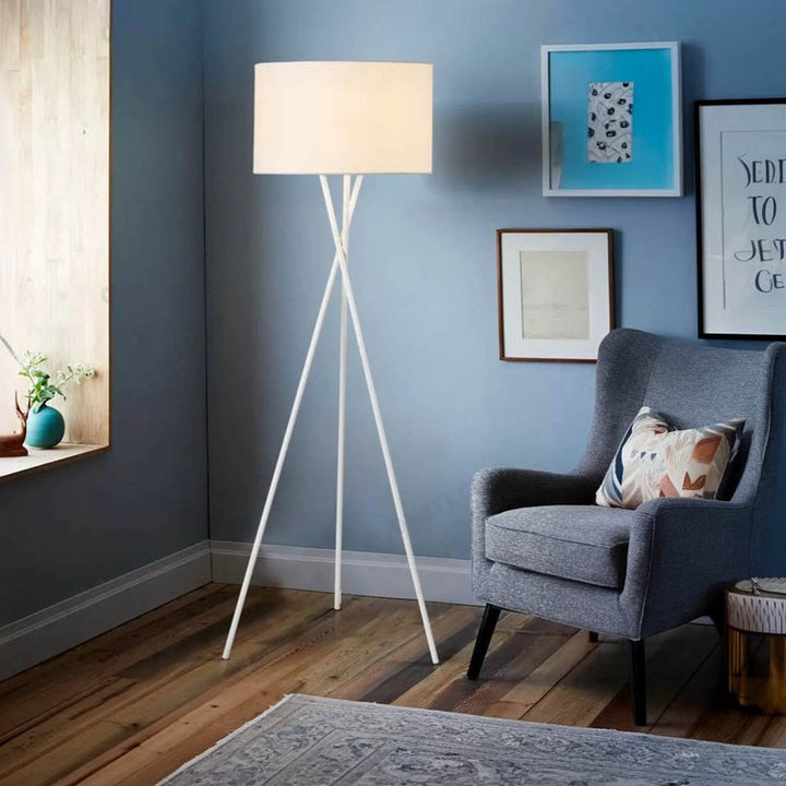 Scandi-style tall tripod lamp in white finish, suits modern interiors and cosy reading corners