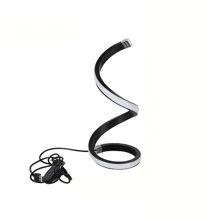 Modern spiral LED table lamp with USB power cord, minimalist black and white design.
