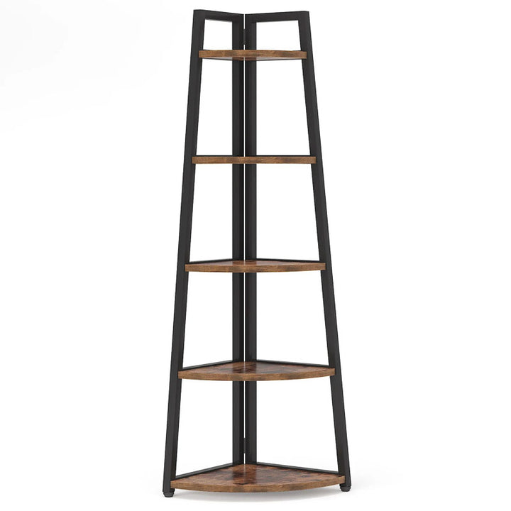 Corner shelf with black metal frame and wooden shelves on a white background