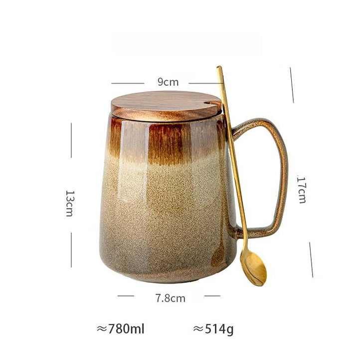 Beige ceramic mug with gold spoon and measurements on a white background