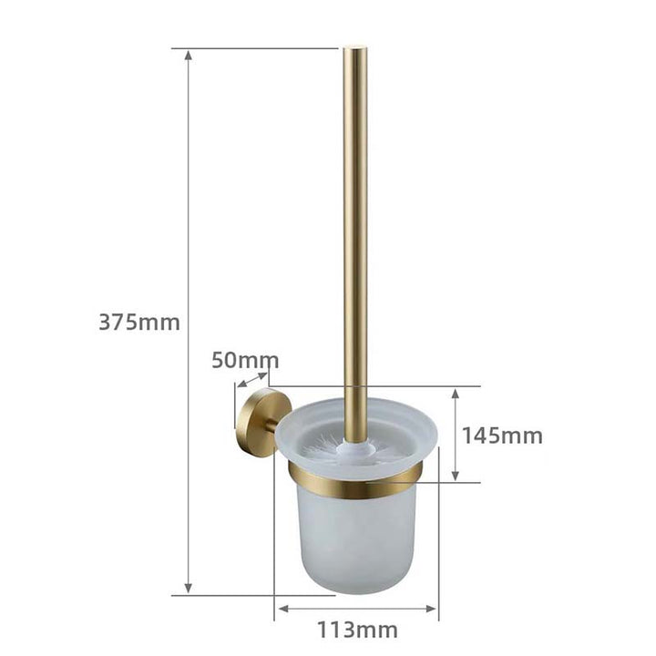Gold toilet brush holder with measurements on a white background