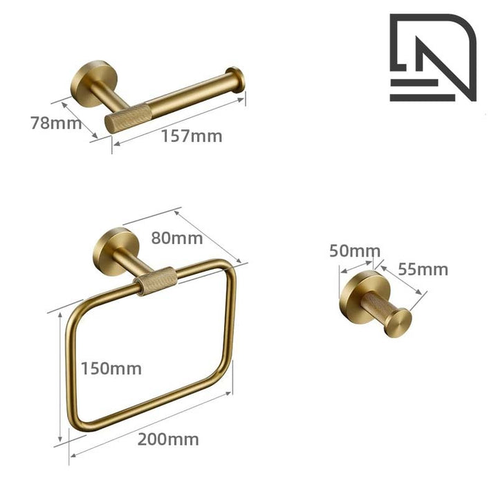 Brass bathroom hardware set with dimensions on a white background