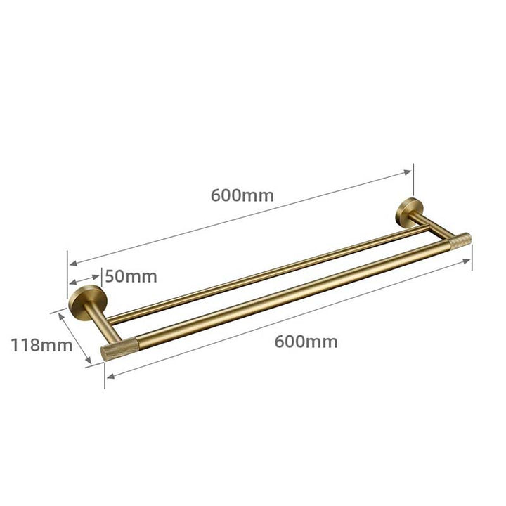 Gold towel bar with dimensions labeled on a white background